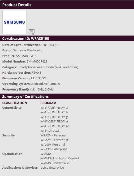 Galaxy M40 Wi-Fi Certification