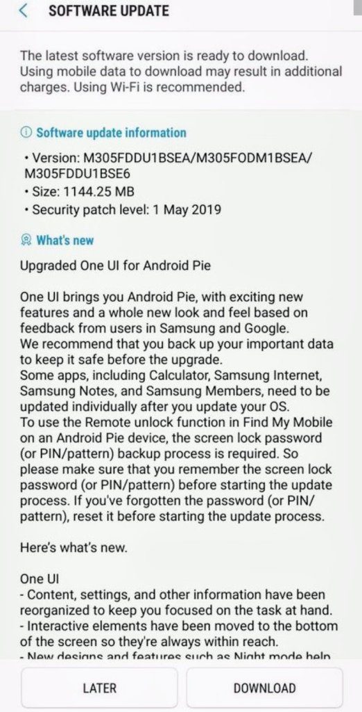 Galaxy M30 Android Pie Update Screenshot