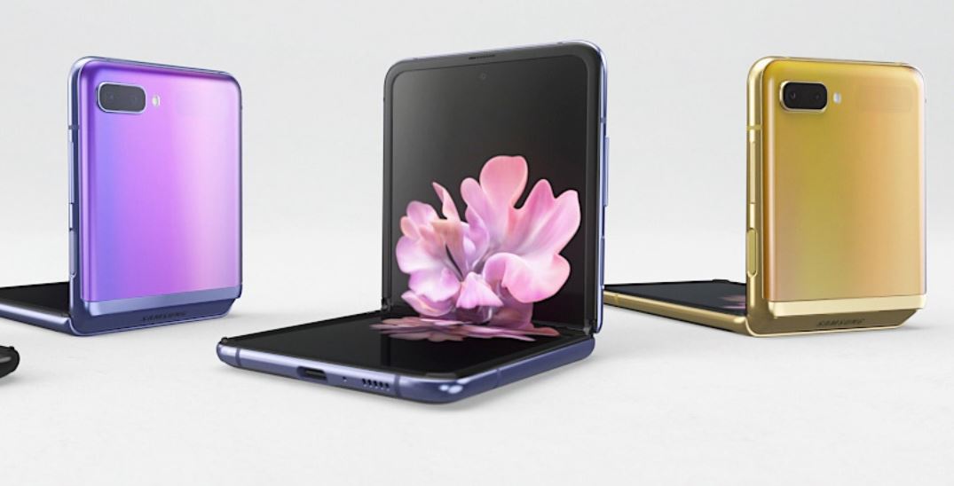 Samsung galaxy z flip gold purple in a row