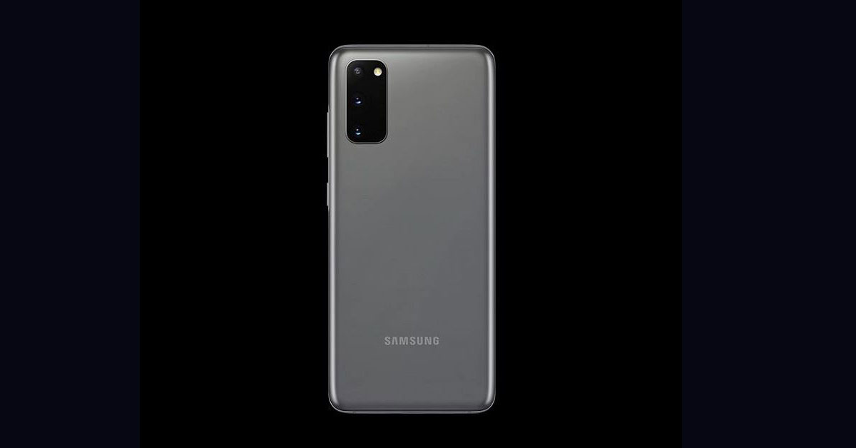 Samsung galaxy s20 grey back panel camera in black background