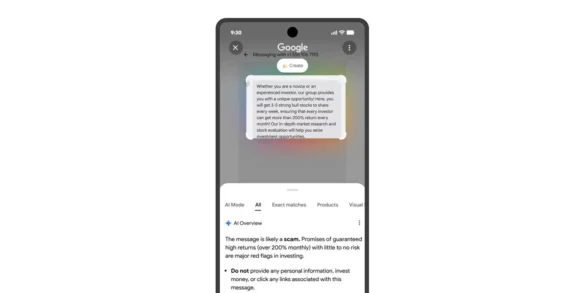 Google Circle to Search analysing a suspicious investment message and showing a scam warning