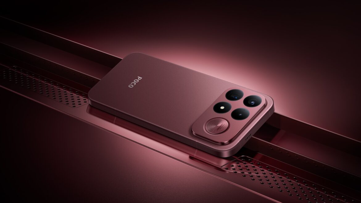 Dark red POCO F9 Ultra shown from the rear with its camera array and Bose-branded speaker.