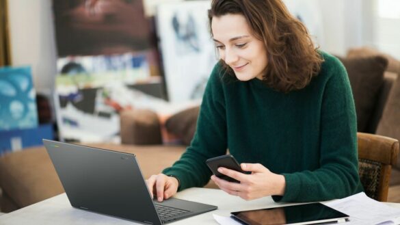 Acer Googlebook 14 laptop being used alongside an Android phone