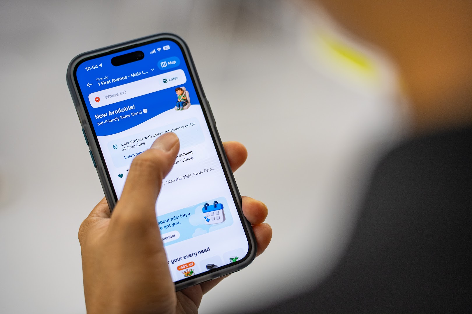 Grab app showing Kid-Friendly Rides advance booking