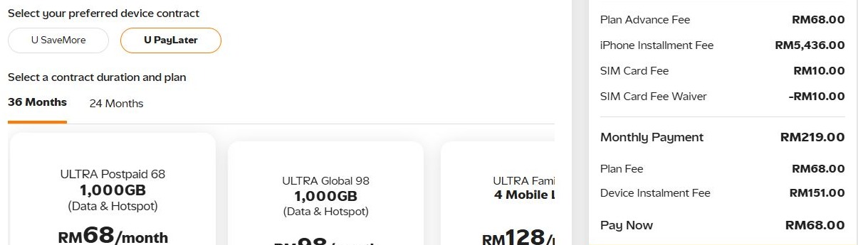 U Mobile iPhone 18 Pro Max 256GB with ULTRA Postpaid 68 over 36 months showing RM151 device instalment, RM219 monthly payment and RM68 advance
