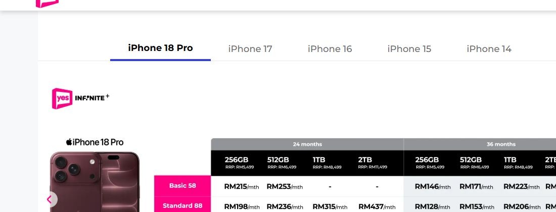 Yes iPhone 18 Pro official device instalments for all storage tiers and 24 or 36 month contracts