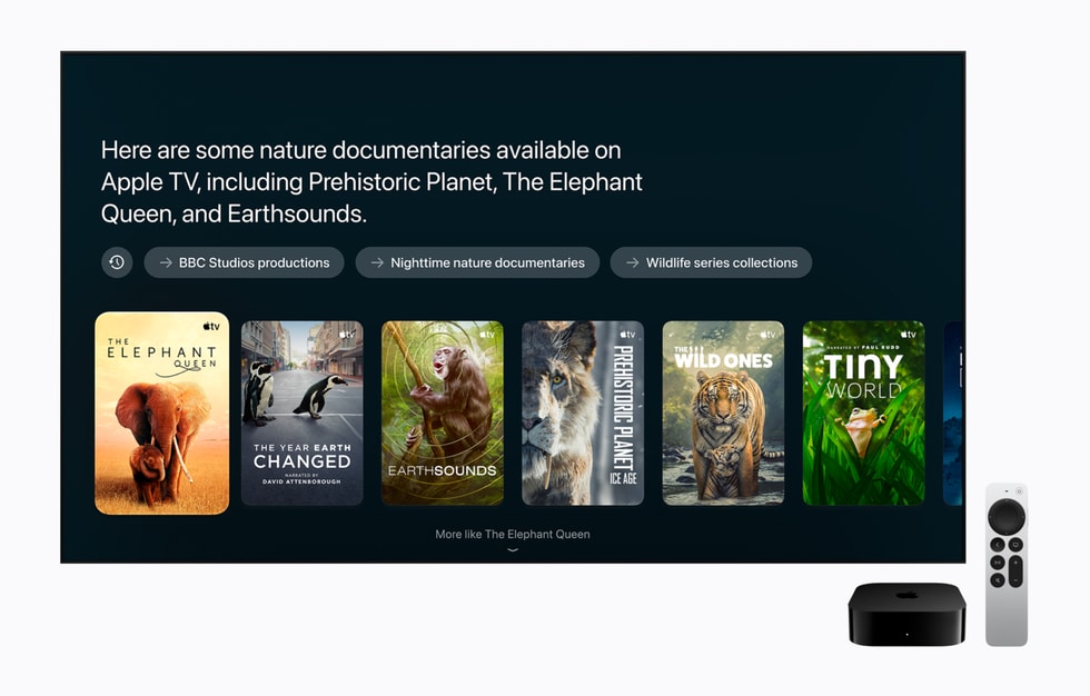 Apple TV 4K showing full-screen Siri AI recommendations