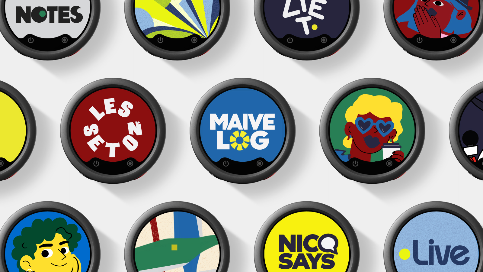 Different customizable colour E-Ink displays on Insta360 Mic transmitters with creator graphics