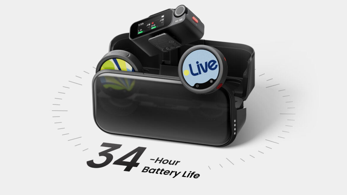 Insta360 Mic wireless kit with charging case and E-Ink transmitters highlighting 34-hour claimed battery life
